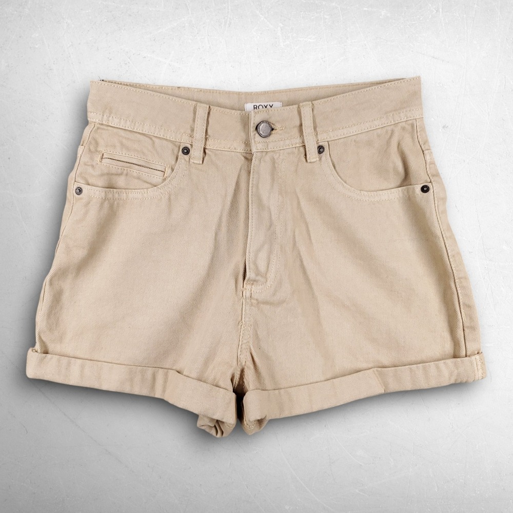 Roxy High Rise Cuffed Hem 5-Pocket Cotton Shorts Women 27 Beige Beach Surfer VTG